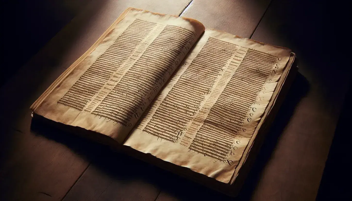 Manoscritto antico del XIV secolo con pagine in pergamena e testo gotico su tavolo in legno, illuminato da luce naturale.