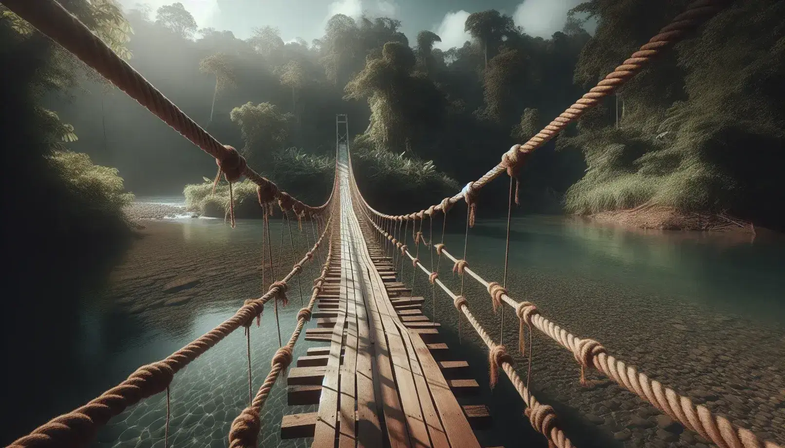 Ponte sospeso in legno con corde nodose attraversa fiume calmo, circondato da vegetazione lussureggiante e cielo azzurro con nuvole sparse.