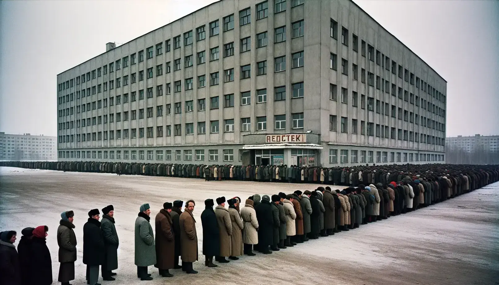 Queue of people in winter attire waiting outside a plain shop in the Soviet Union, with stark concrete buildings and an empty street in the background.