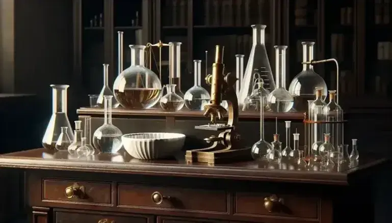 Vintage laboratory with wooden workbench, assorted glass flasks, brass microscope, ceramic washbasin, and shelves with leather-bound books.
