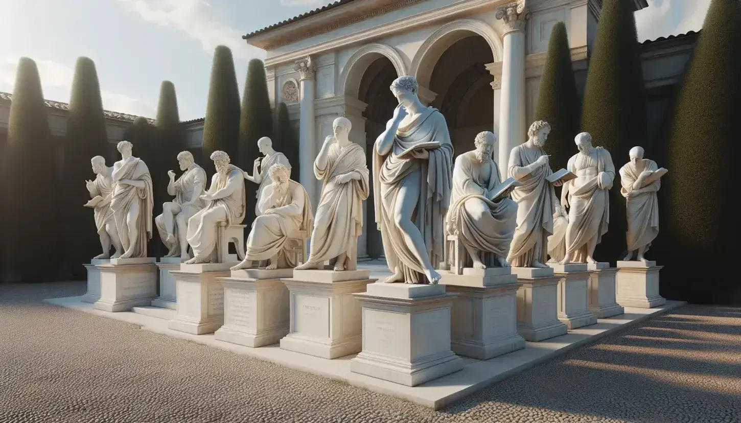 Estatuas de mármol blanco en poses pensativas y de debate en un patio renacentista con columnas clásicas, suelo empedrado y vegetación cuidada bajo cielo azul.
