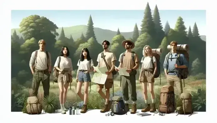 Grupo de cinco excursionistas con ropa de verano, mapas y brújula, de pie en un bosque verde bajo un cielo azul despejado, sin nubes visibles.
