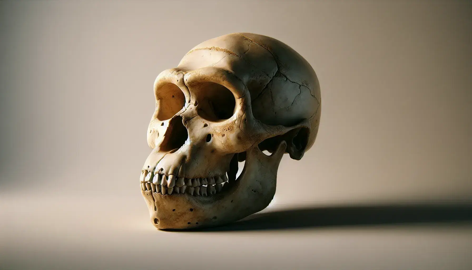 Reconstrucción tridimensional detallada de un cráneo de Australopithecus en tonos beige y marrón, con mandíbula robusta y cavidades oculares profundas, sobre fondo neutro.