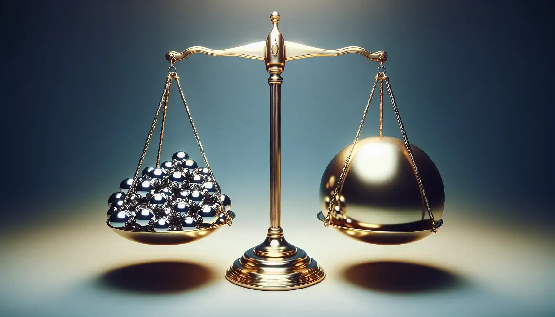 Balanced golden scale with equal-sized pans, one holding multiple silver spheres and the other a single large gold sphere, against a soft blue gradient.
