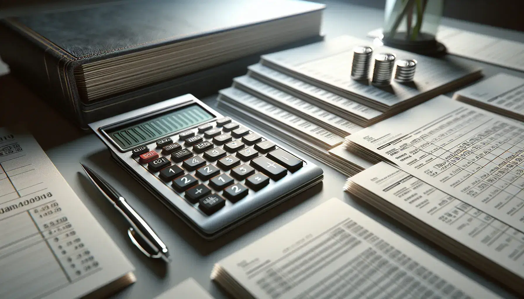 Modern calculator on a desk with stamped invoices, a silver pen on a leather ledger, a coin jar, and a potted plant in a professional office setting.