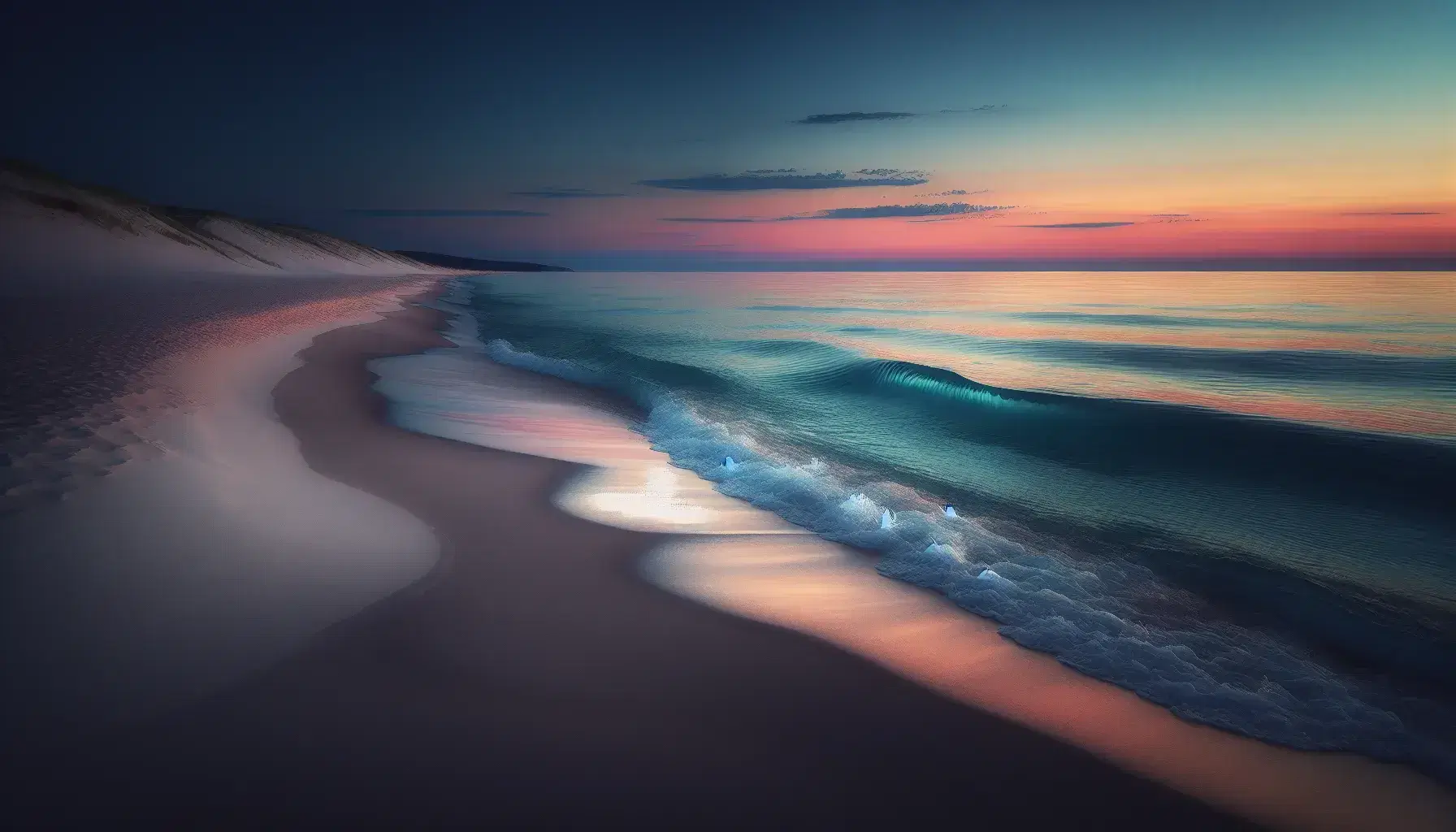 Serene twilight beach scene with soft sand, gentle turquoise waves, a gradient sunset sky in pinks and blues, and silhouetted cliffs on the left.