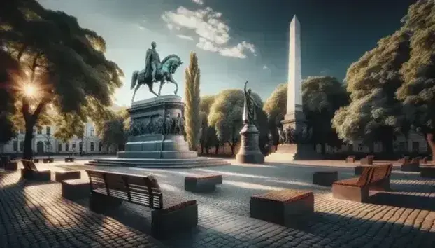 Estatua ecuestre de bronce de un militar del siglo XIX en una plaza, flanqueada por un obelisco blanco y una columna con figura femenina, bajo un cielo azul.