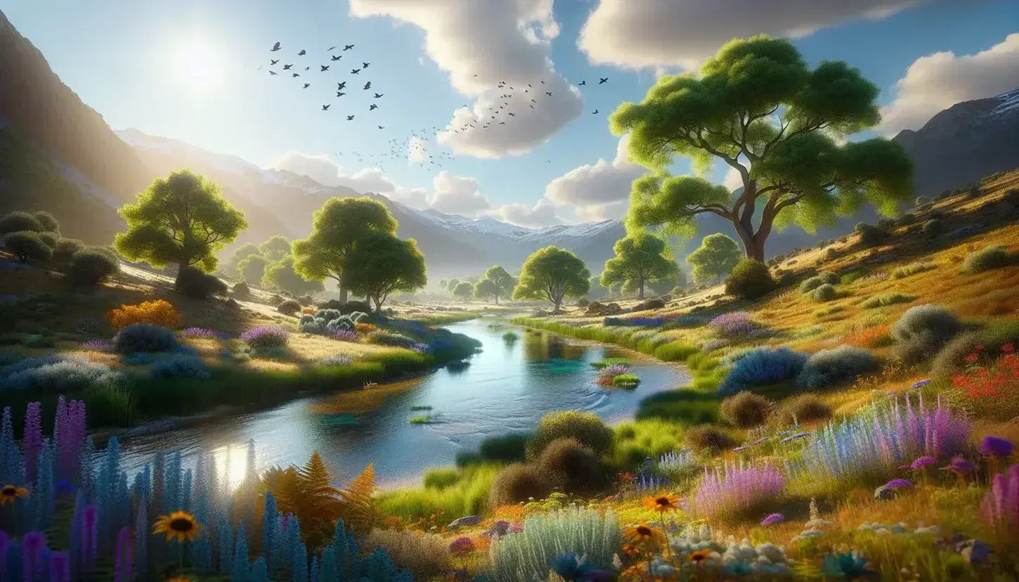 Paisaje natural diverso en España con campo de hierba verde y flores silvestres, río serpenteante, árboles variados y montañas nevadas bajo cielo azul.