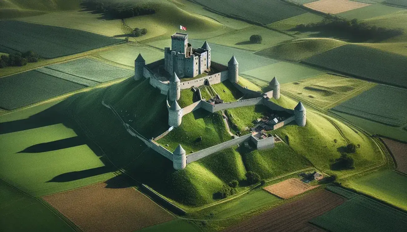Veduta aerea di un castello medievale su una collina con mura in pietra, torri angolari, torre centrale con bandiera e campi coltivati ai piedi.