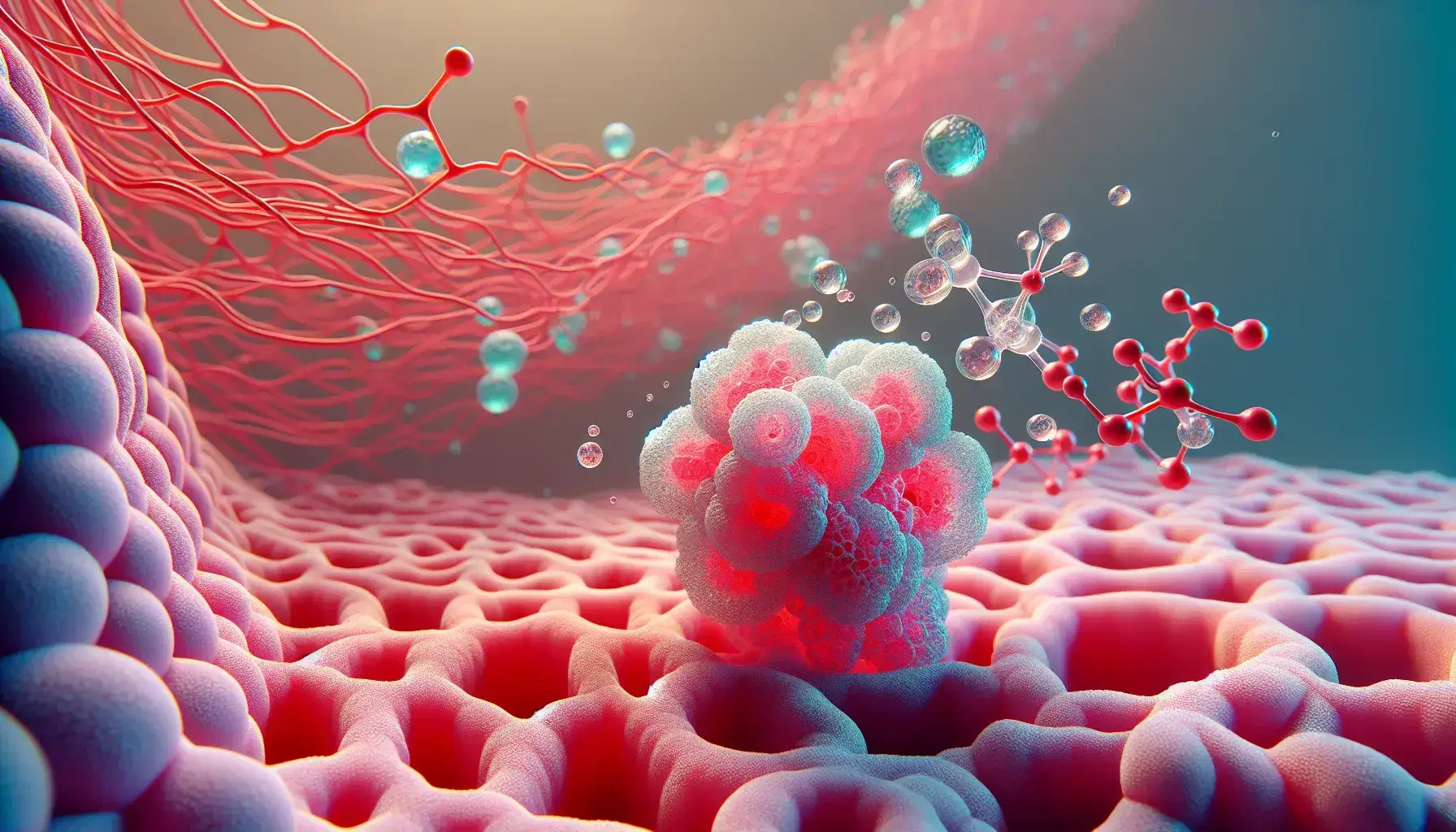 Primer plano de una superficie esponjosa rosa que simula alvéolos pulmonares con red de capilares y moléculas de oxígeno y dióxido de carbono, ilustrando el intercambio gaseoso.