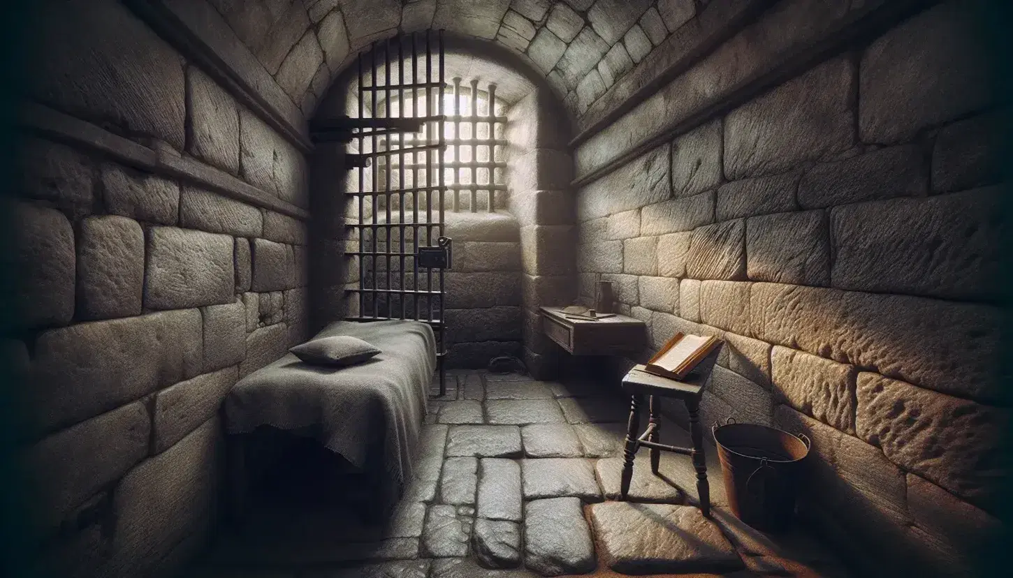 Dimly lit early 20th-century stone prison cell with a rusted iron door, simple cot, wooden stool with an open book, and a small barred window.