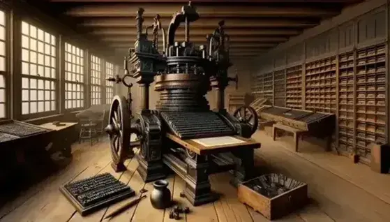 18th-century wooden printing press with tools on a table, freshly printed papers on the side, in a room with natural light from a window.