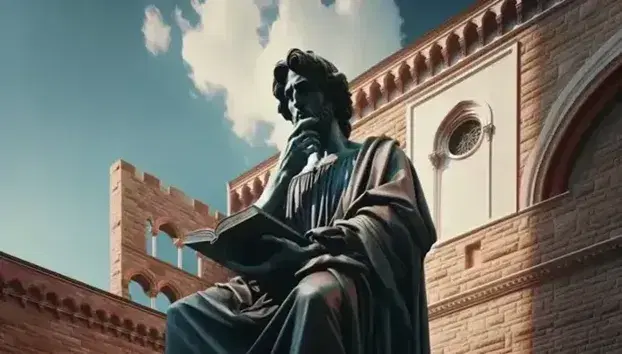 Statua in bronzo di figura rinascimentale pensierosa con libro, abito epocale e mantello, su sfondo di cielo azzurro e edificio in laterizio.