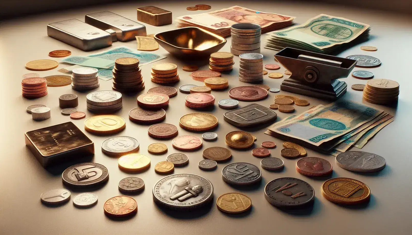 Variedad de monedas y billetes antiguos junto a una balanza y lingotes de metal, representando la evolución del dinero.