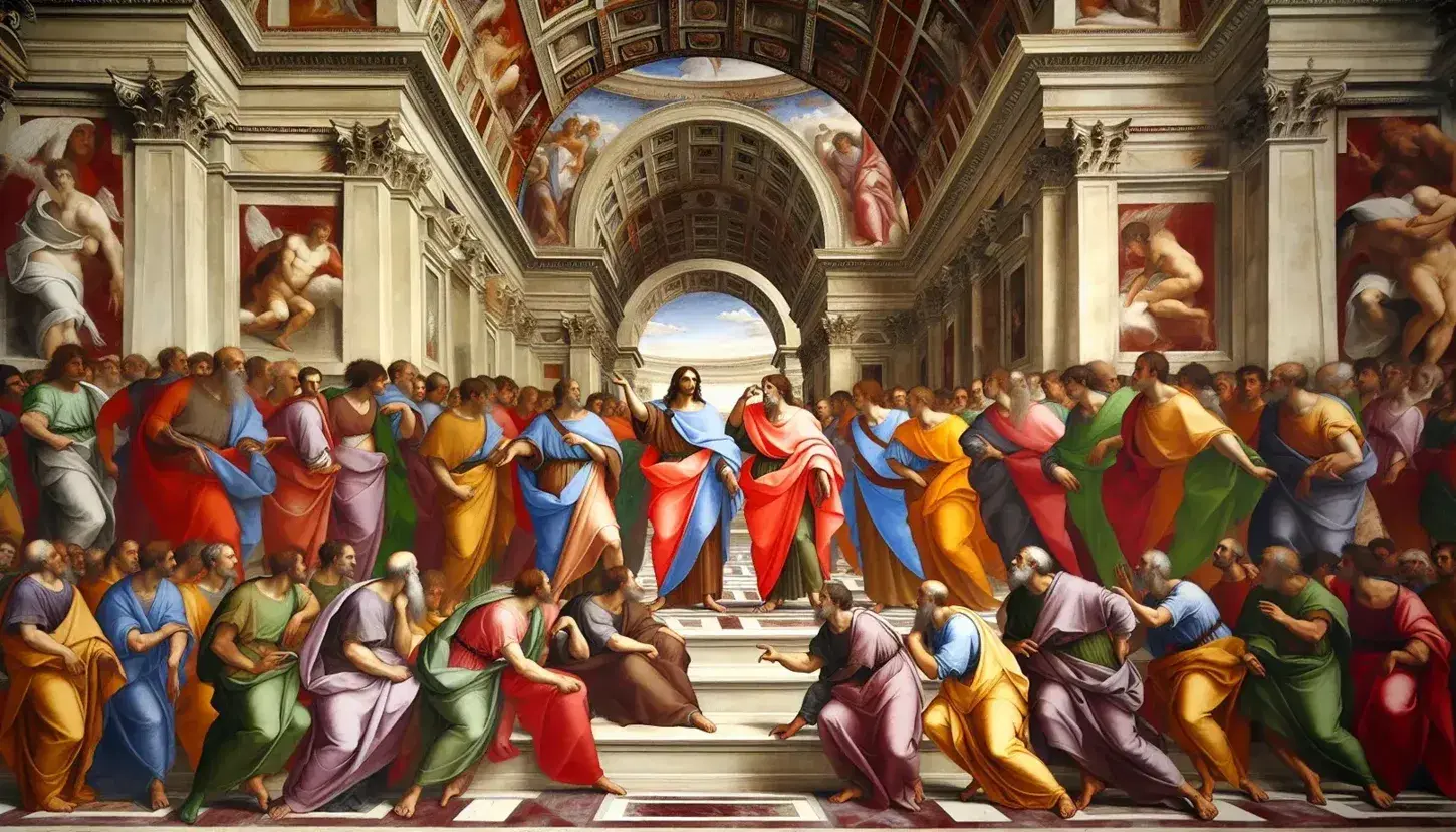 Raffigurazione parziale del fresco 'La Scuola di Atene' di Raffaello con figure in abiti colorati, architettura classica e Plato al centro.