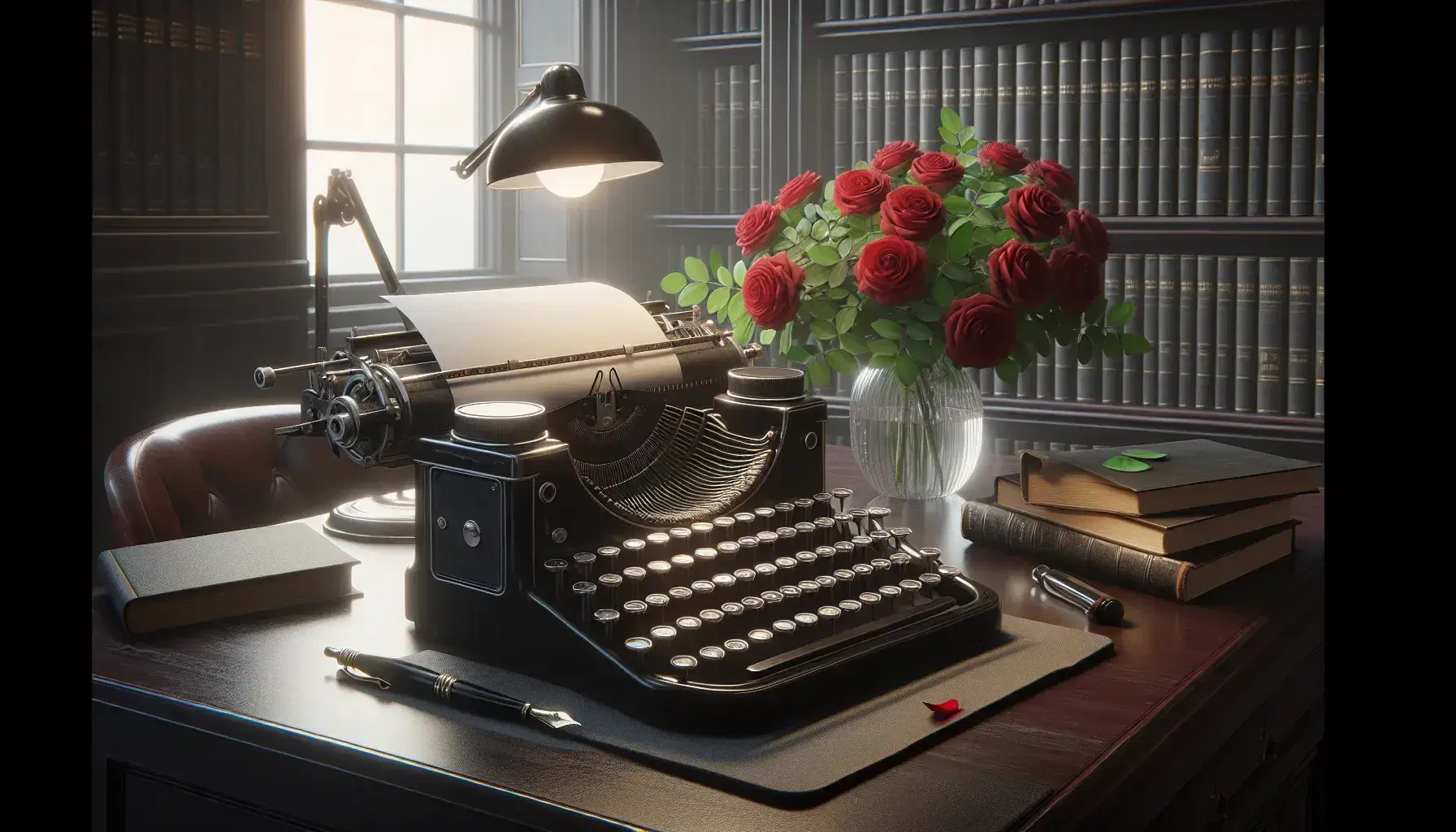 Macchina da scrivere vintage nera con tasti rotondi su tavolo in legno scuro, accanto penna stilografica e vaso con rose rosse.