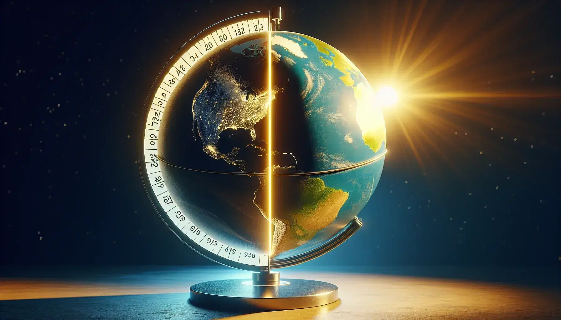 Globo terrestre con illuminazione solare che mostra il giorno e la notte, asse inclinato, su sfondo stellato con orologio sfocato in primo piano.