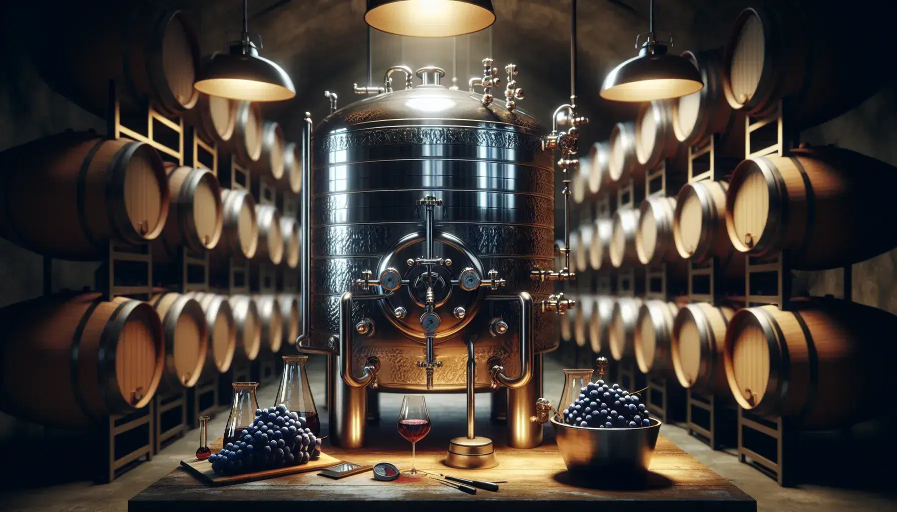 Cantina vinicola con serbatoio in acciaio inox, barili di legno, tavolo con strumenti enologici e grappoli d'uva nera.