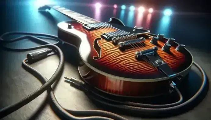 Guitarra eléctrica clásica con cuerpo de madera pulida en tonos rojizos y marrones, cuerdas metálicas y trastes visibles, junto a un cable de instrumento negro.
