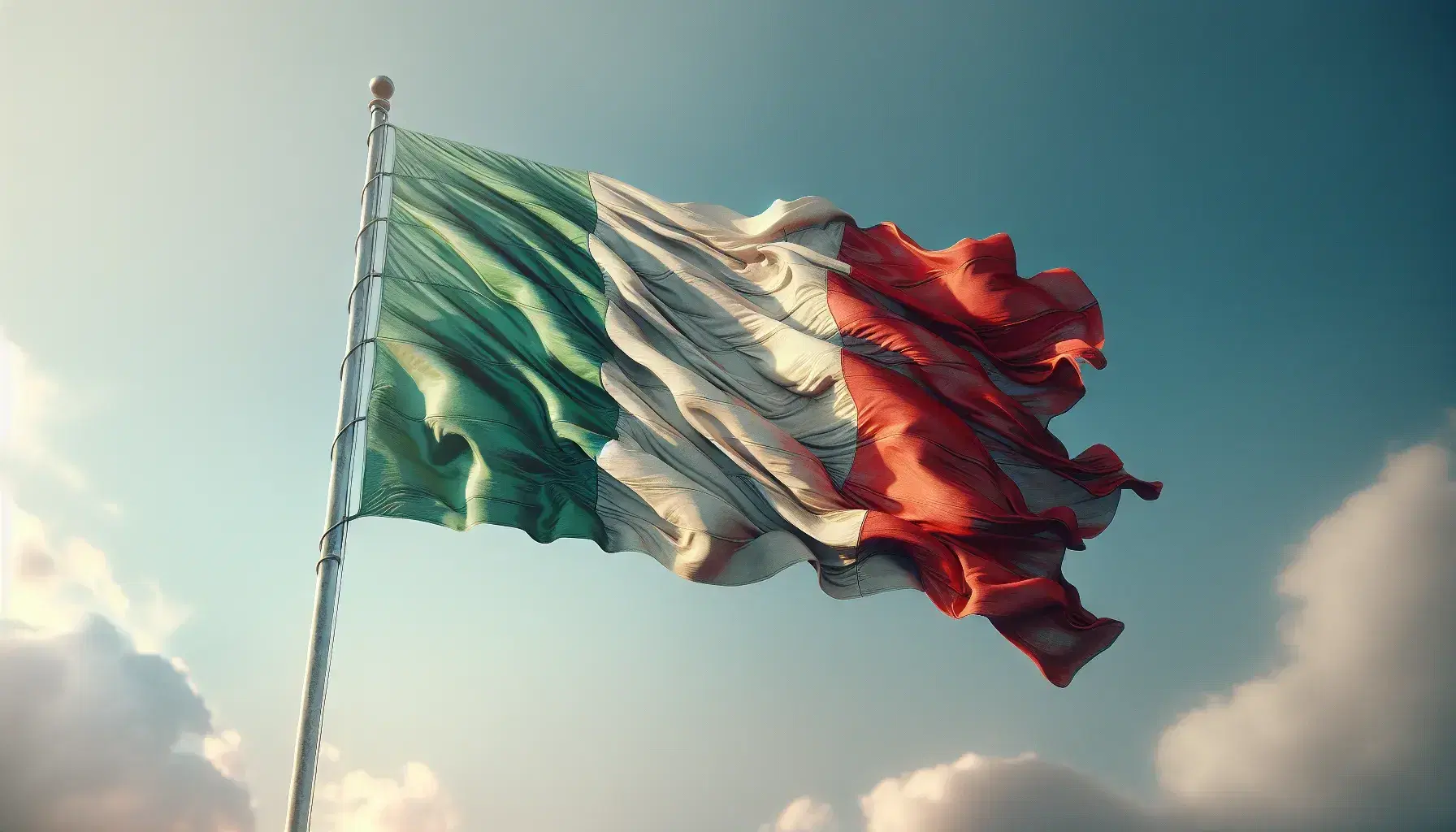 Bandiera italiana storica con bande verticali verde, bianca e rossa sventolante al vento sotto un cielo azzurro chiaro.