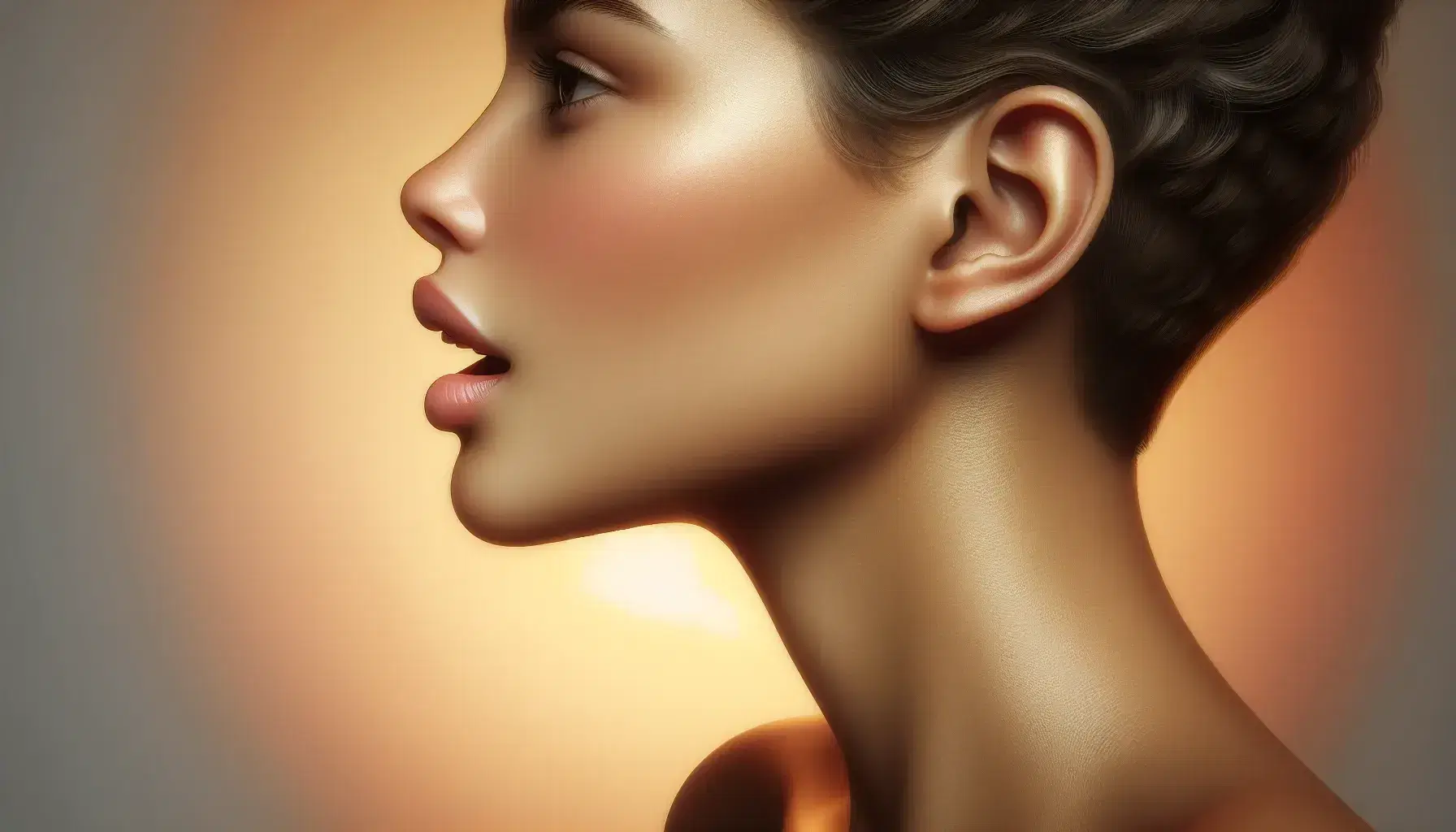 Close-up profile view of a person speaking, with a warm skin tone and pink lips against a gradient sunset-colored background, highlighting a relaxed jawline and clear ear.