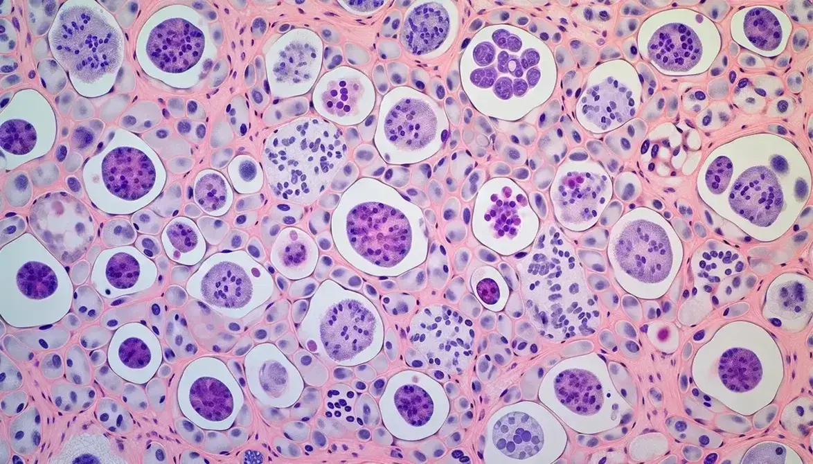 Vista microscópica de células humanas teñidas en tejido, mostrando núcleos púrpura oscuro y citoplasma claro con orgánulos internos en tonos rosados.
