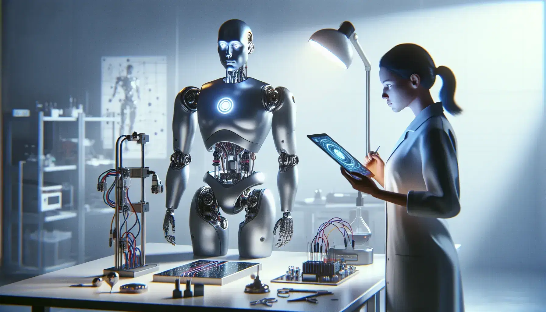 Robot humanoide en laboratorio de inteligencia artificial con investigadora usando tablet y mesa de trabajo con herramientas y circuitos.