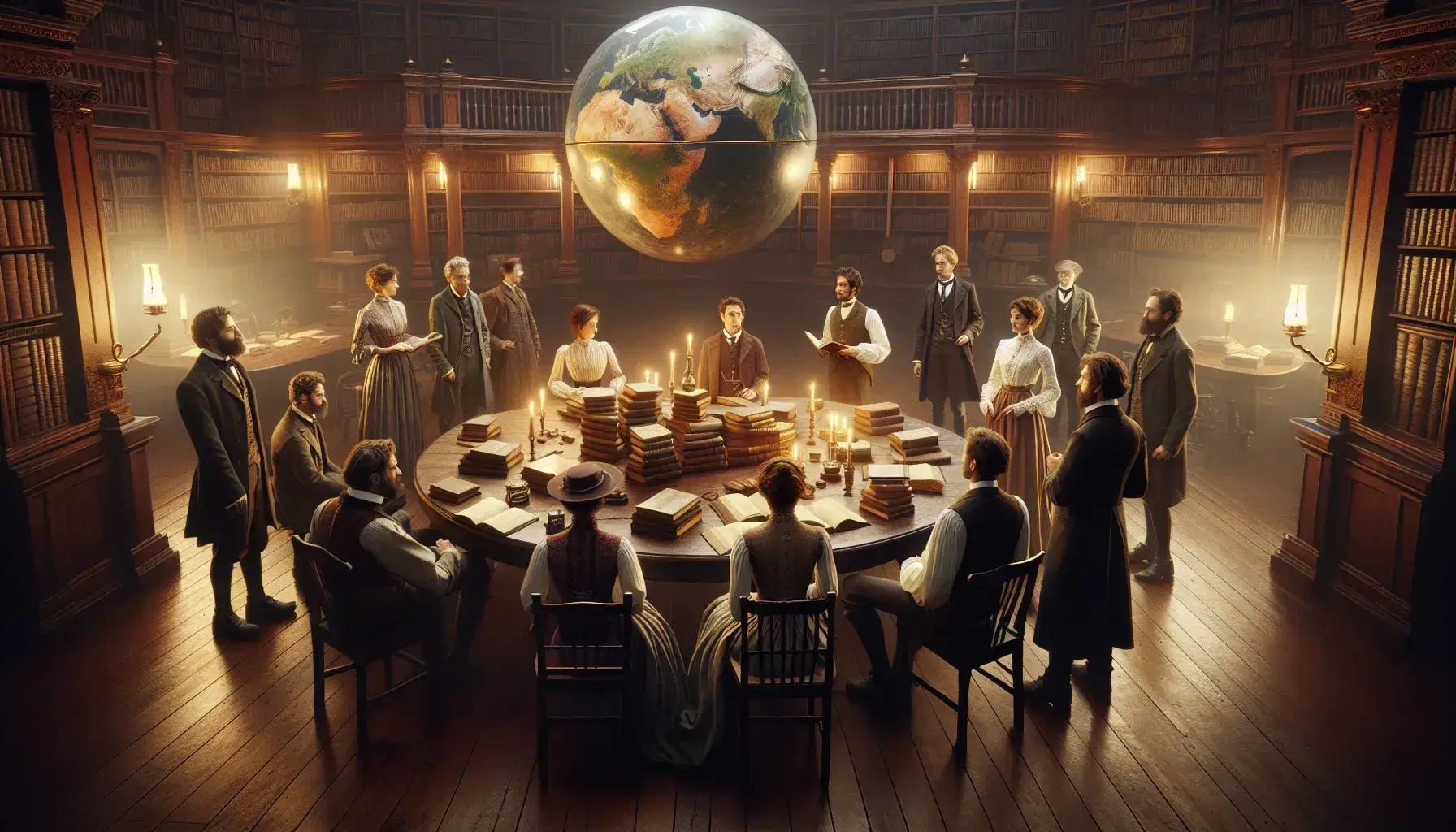 Grupo de personas en vestimenta de época debatiendo y leyendo en biblioteca clásica con mesa redonda, libros apilados y globo terráqueo.