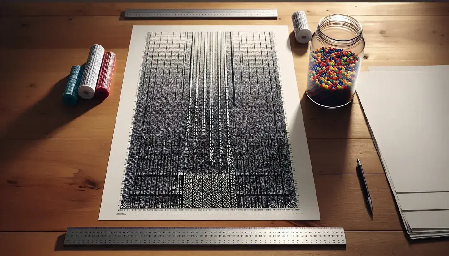 Close-up of a wooden desk with white sheet and black dots in columns, jar of colorful beads and metal ruler, hand drawing.