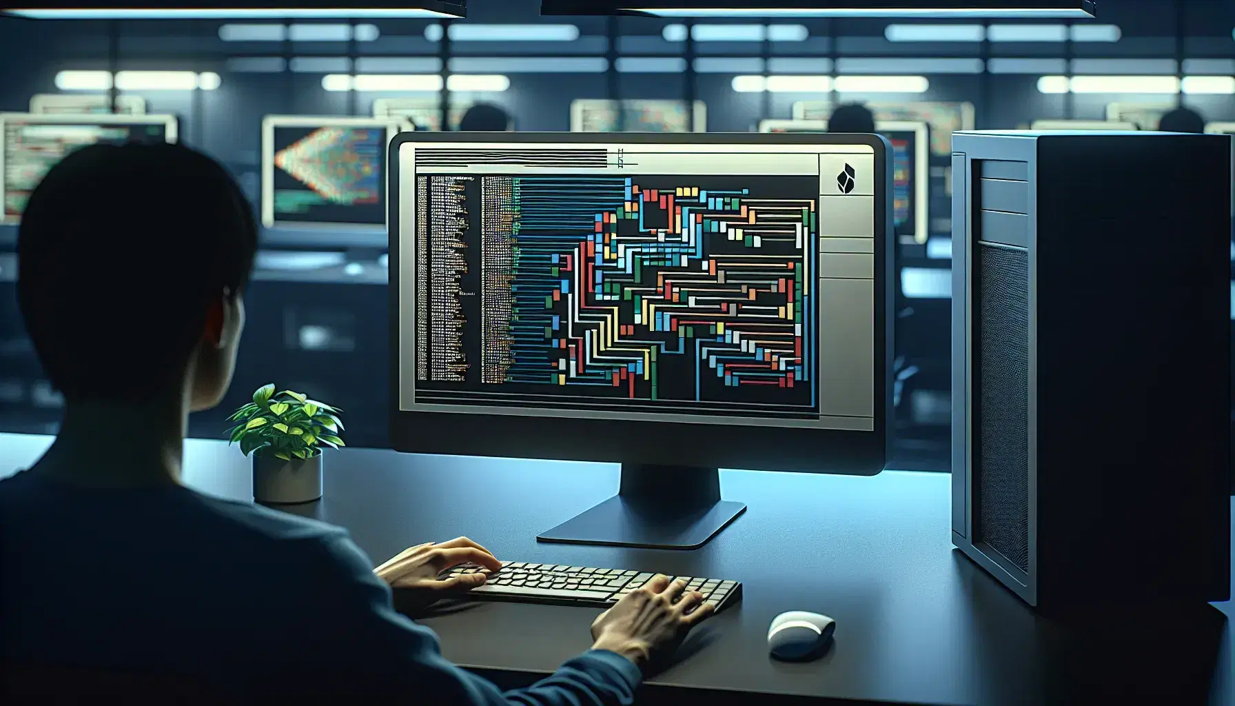 Modern computer lab with desktop computer, monitor with colorful programming blocks, person sitting from behind and green plant.