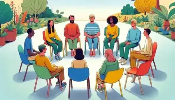 Gruppo multietnico seduto su sedie colorate in cerchio all'aperto, con espressioni diverse e abbigliamento casual, circondati da vegetazione.