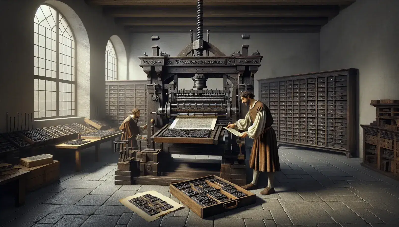 Officina tipografica del XV secolo con pressa in legno, cassetti di caratteri mobili, e uomini al lavoro su composizione e stampa.