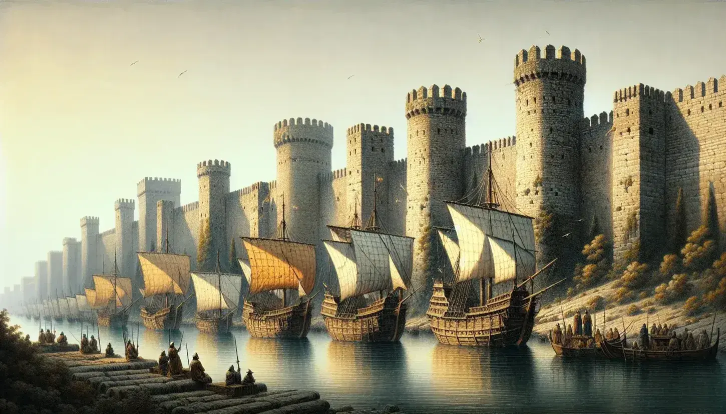 Panoramic view of Constantinople's ancient city walls with cylindrical towers, red-tiled roofs, and anchored wooden ships on calm waters at dawn/dusk.