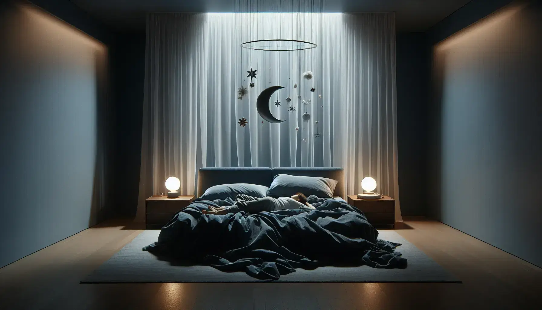 Serene night bedroom with large bed and navy blue blanket, white lamps on bedside tables and open window with curtains blowing in the wind.