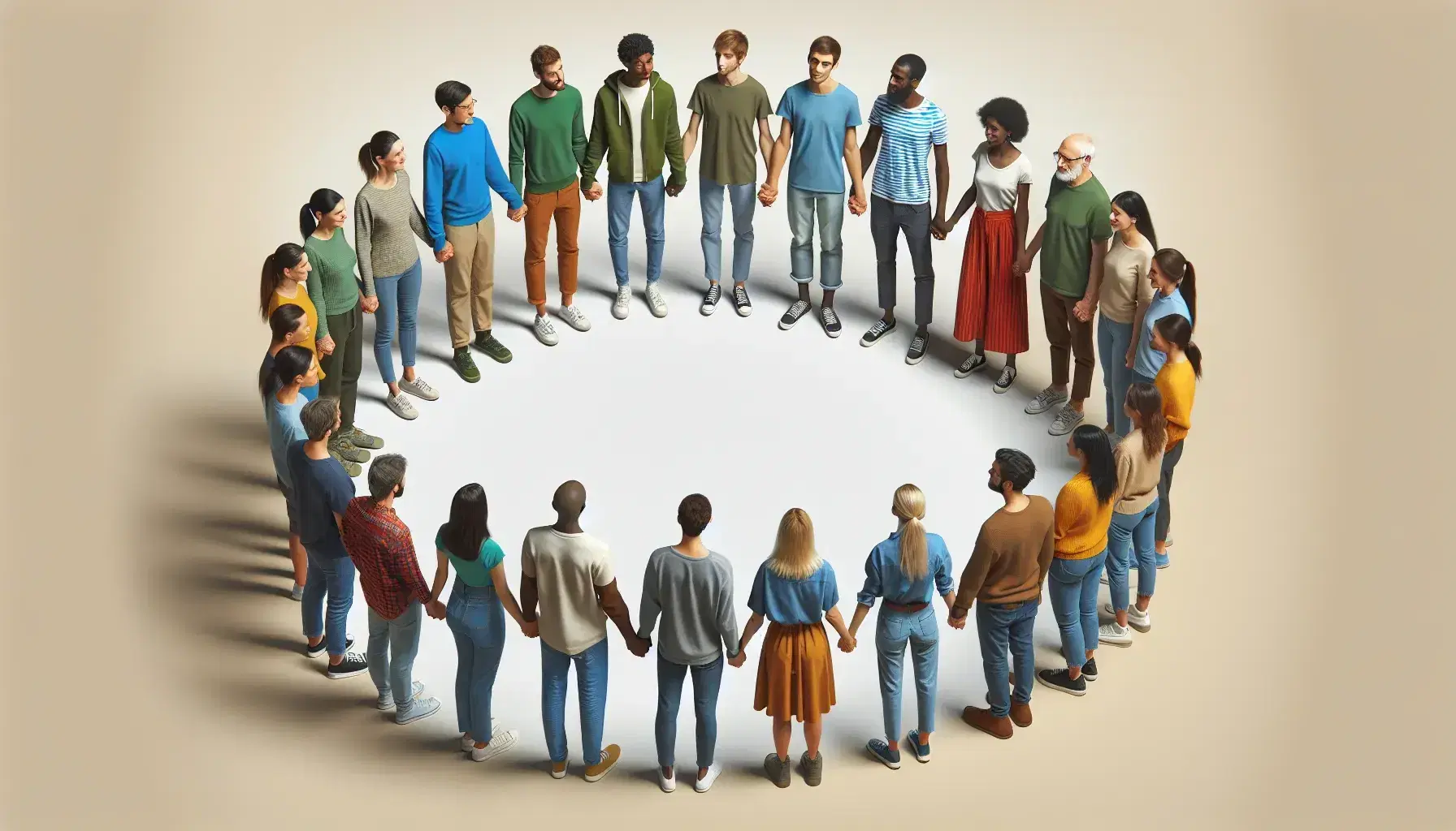 Grupo diverso de personas de distintas edades y etnias tomadas de las manos en círculo, vestidas con ropa casual y expresiones amistosas, en un fondo desenfocado.