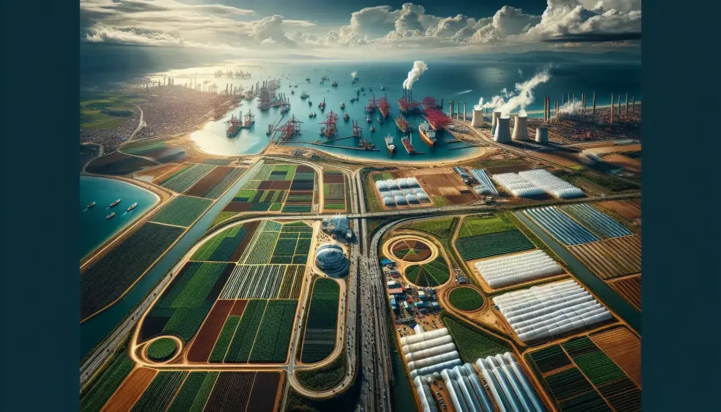 Vista aérea de campos de cultivo, invernaderos, estructuras industriales con chimeneas y un puerto marítimo con barcos y contenedores en Colombia.