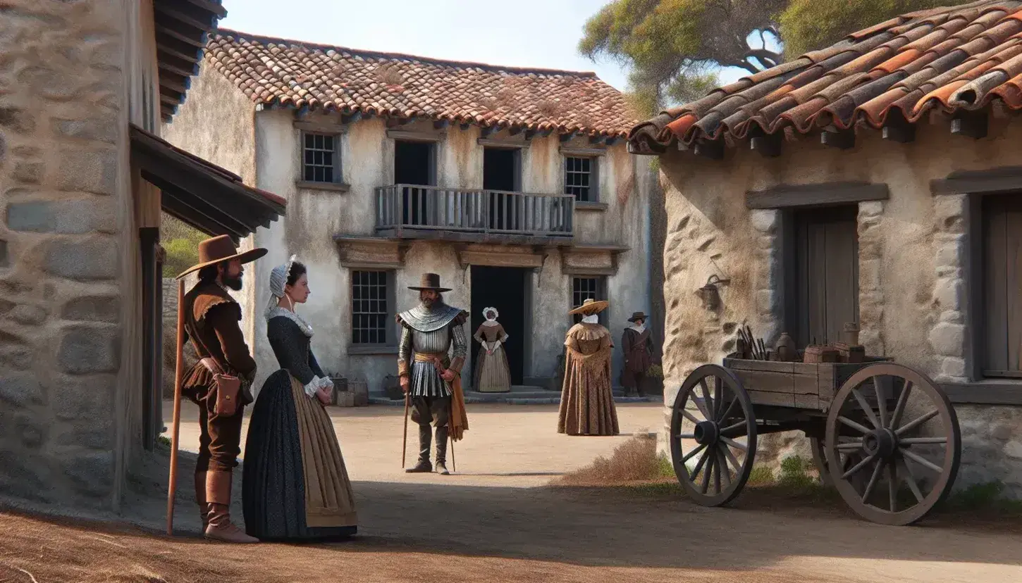 Reconstrucción de asentamiento colonial español con tres personas en vestimenta de época, edificio de piedra con techo de tejas y carreta de madera bajo cielo azul.
