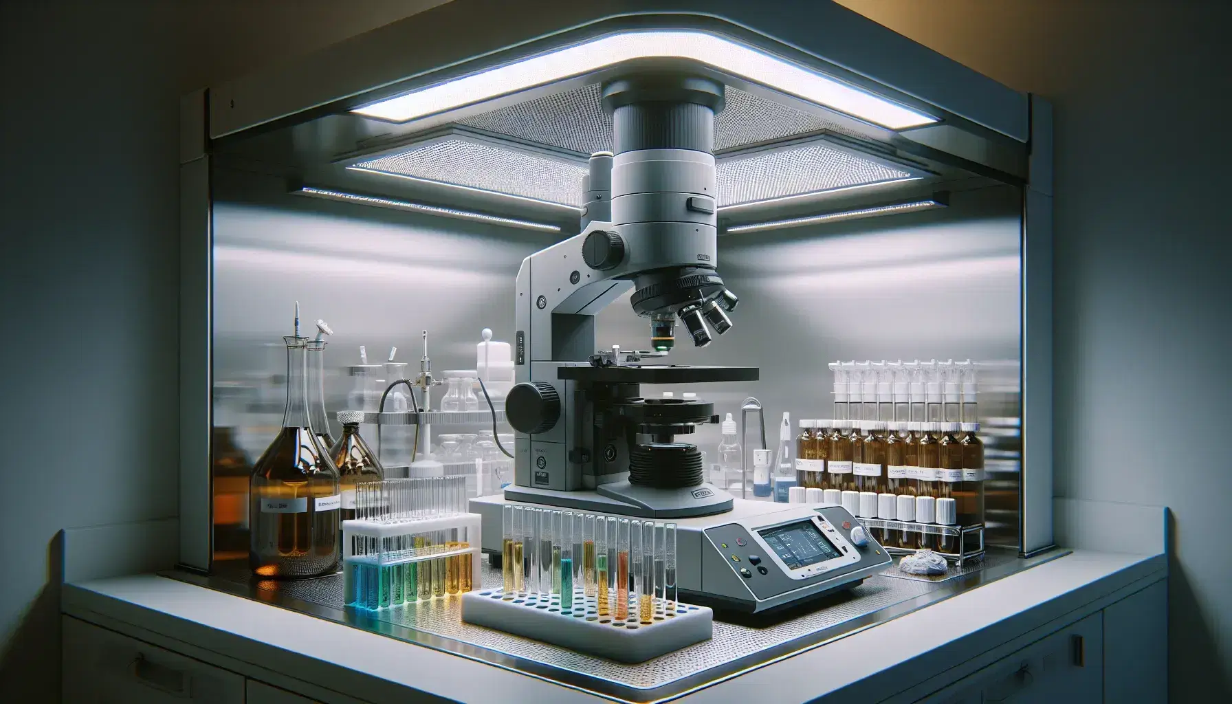 Microscopio elettronico grigio scuro su tavolo bianco in laboratorio scientifico, con provette colorate e pipetta automatica, sotto cappa a flusso laminare.