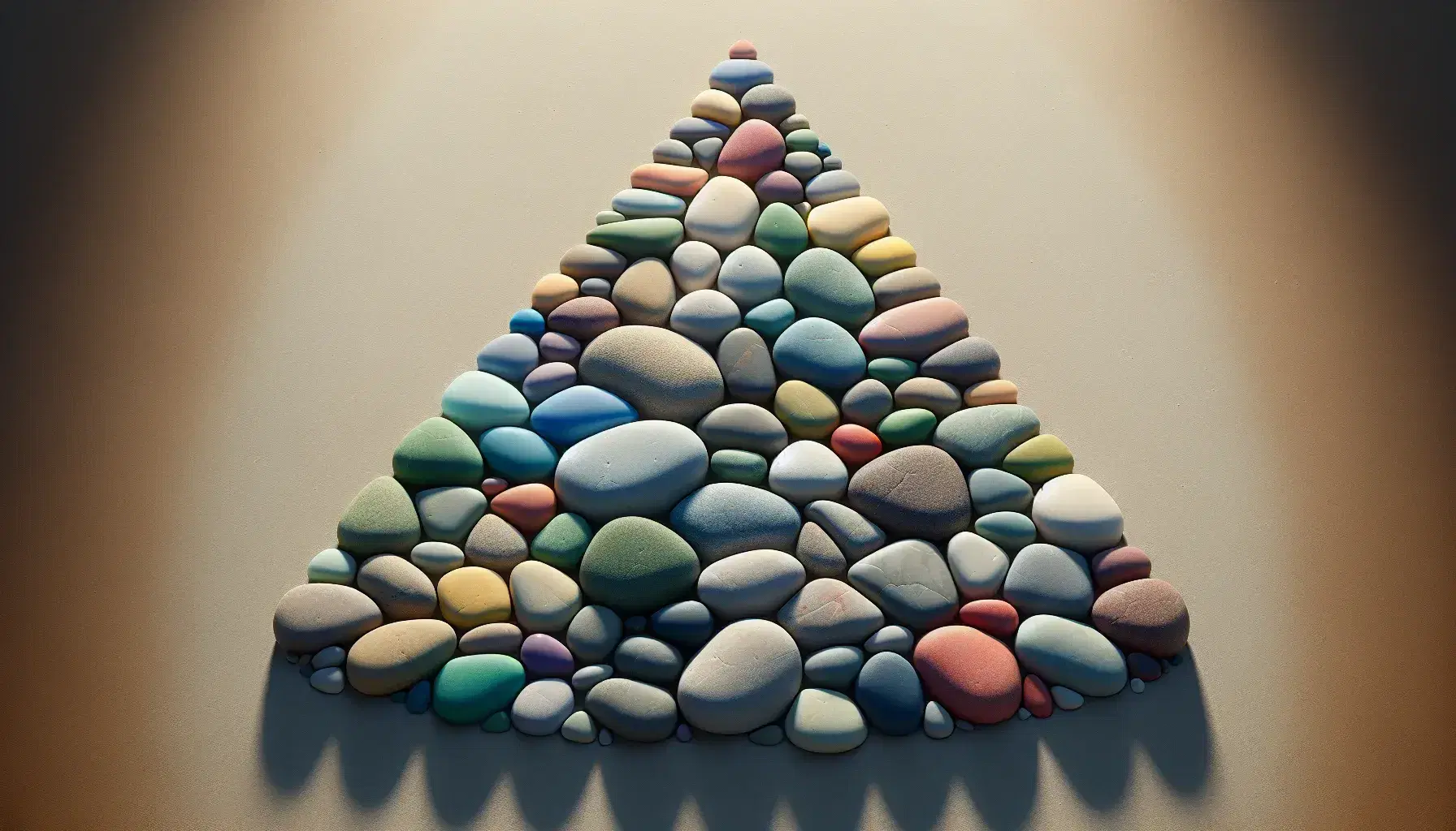 Close-up of multi-colored smooth pebbles on sandy surface, arranged in triangular shape with light shadows and color gradients.