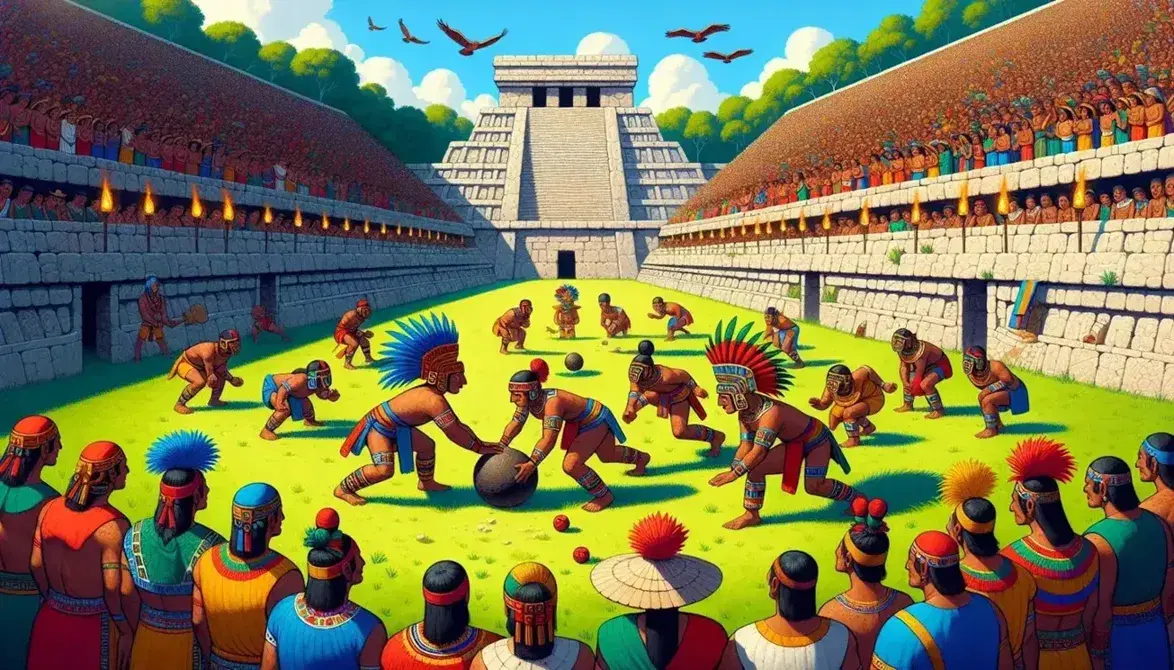 Jugadores mayas en un juego de pelota con atuendos tradicionales y tocados de plumas, ante espectadores coloridos y un cenote en un día soleado.