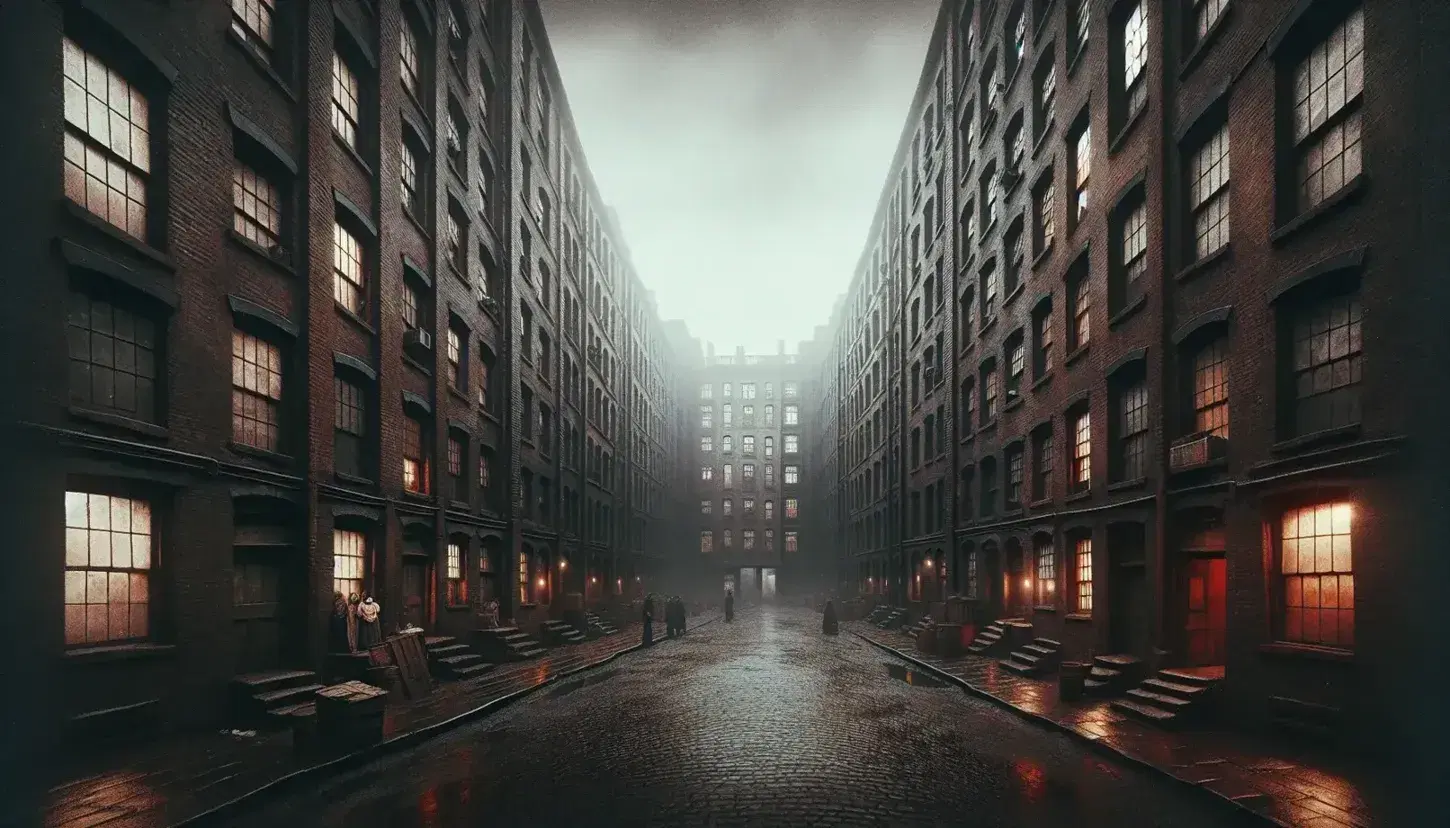Dimly lit tenement buildings line a wet cobbled street with period-dressed figures and playing children, reflecting a bygone era's daily life.