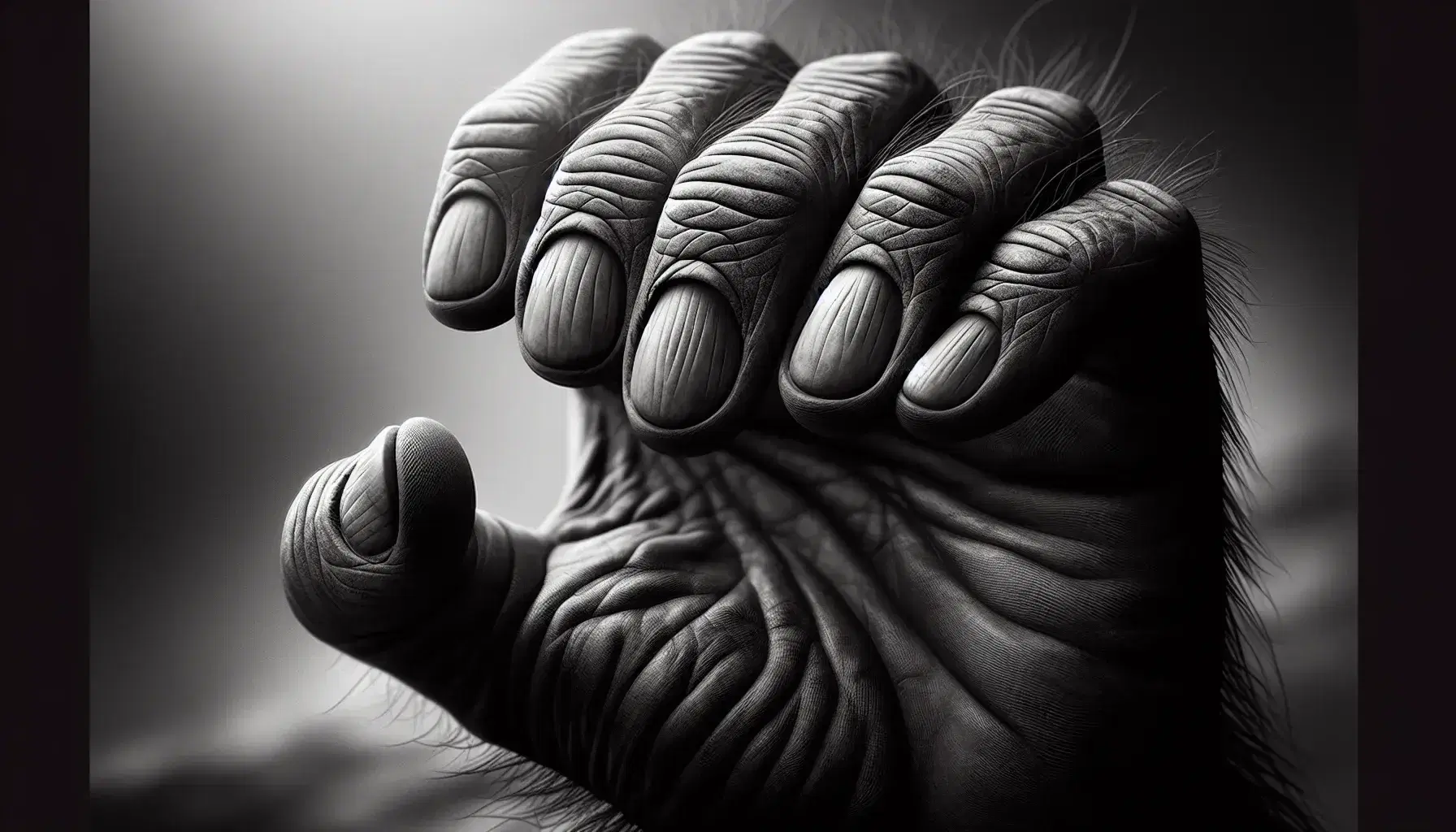 Primer plano de la mano de un primate con dedos robustos y uñas bien cuidadas, destacando las texturas y colores naturales de la piel y las almohadillas táctiles.