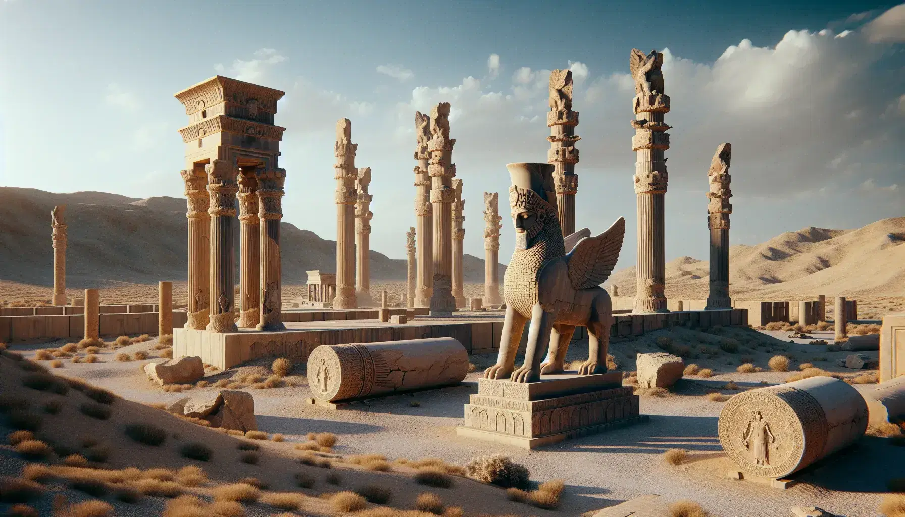 Rovine di Persepolis con colonne e lamassu alato in primo piano e visitatori in abiti persiani tradizionali sotto un cielo azzurro.