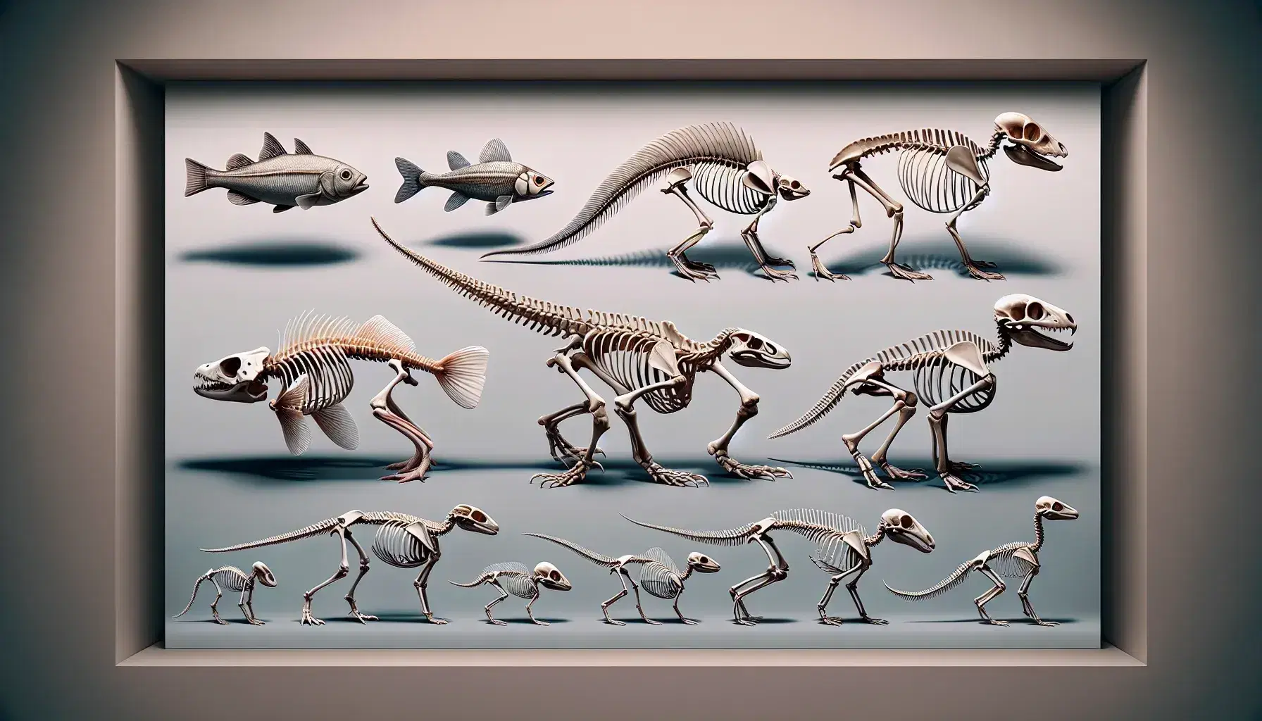 Esqueletos de animales en secuencia evolutiva, desde un pez hasta un mamífero cuadrúpedo, destacando diferencias anatómicas en un fondo neutro.