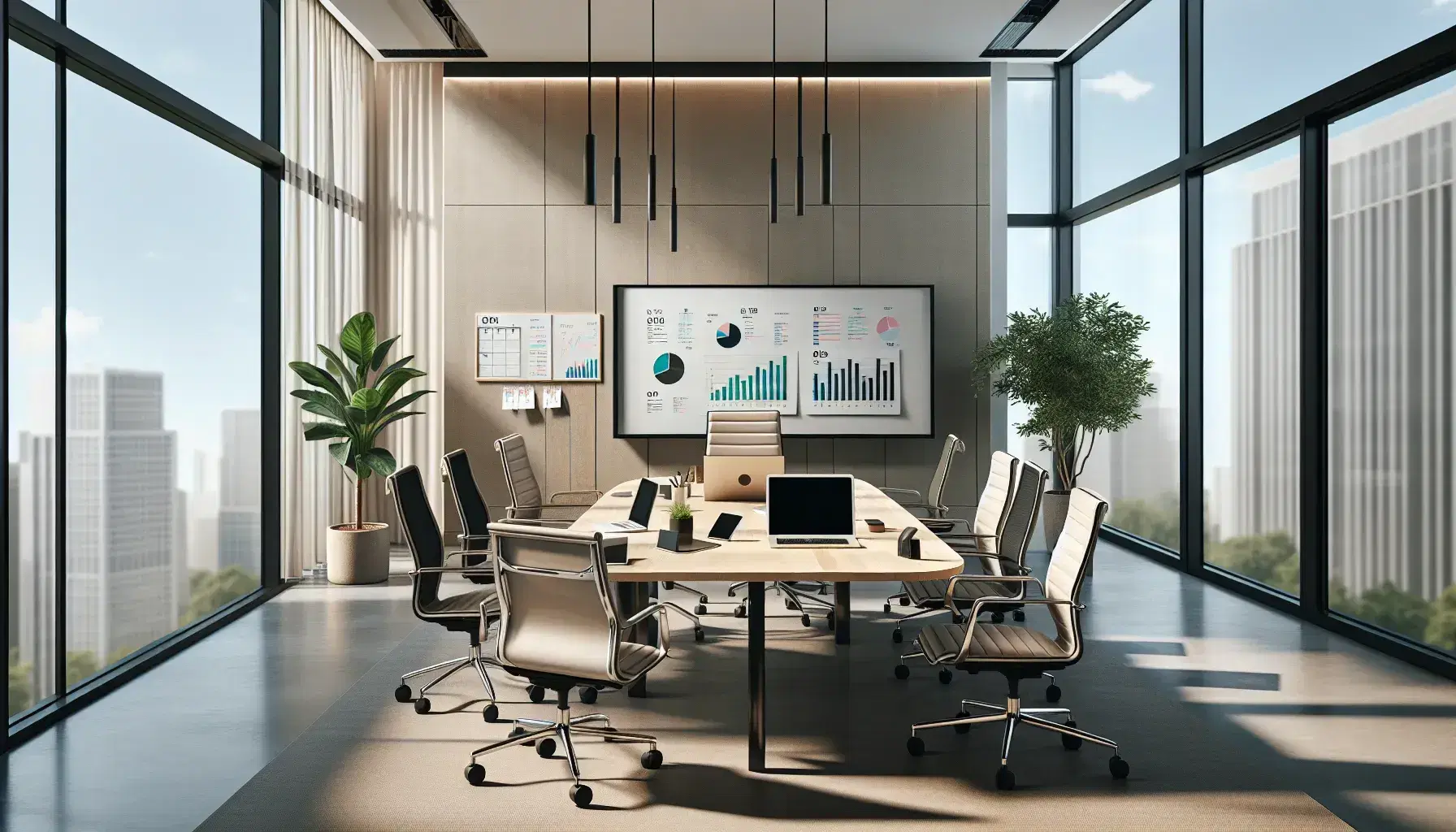 Mesa de conferencia de madera con sillas ergonómicas y dispositivos electrónicos en una oficina moderna iluminada con luz natural.