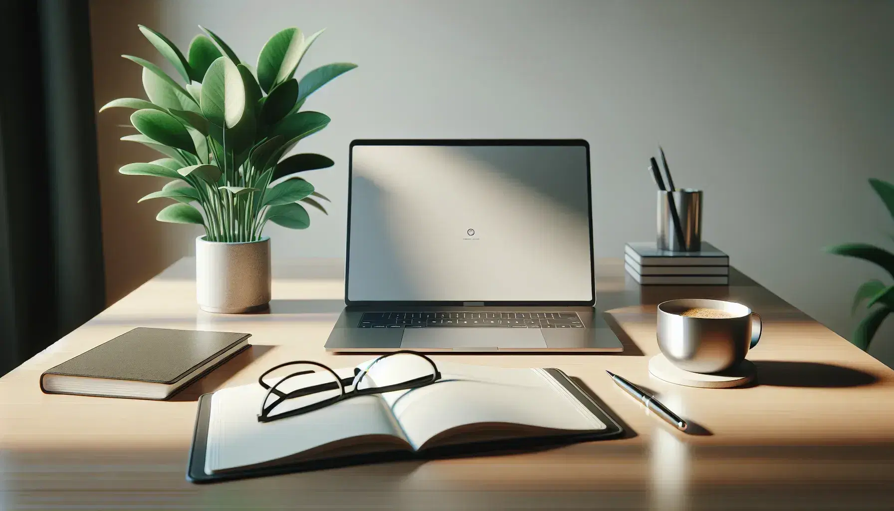 Tidy desk with modern laptop, green plant, cup of steaming coffee, glasses and open notebook on light wooden surface.
