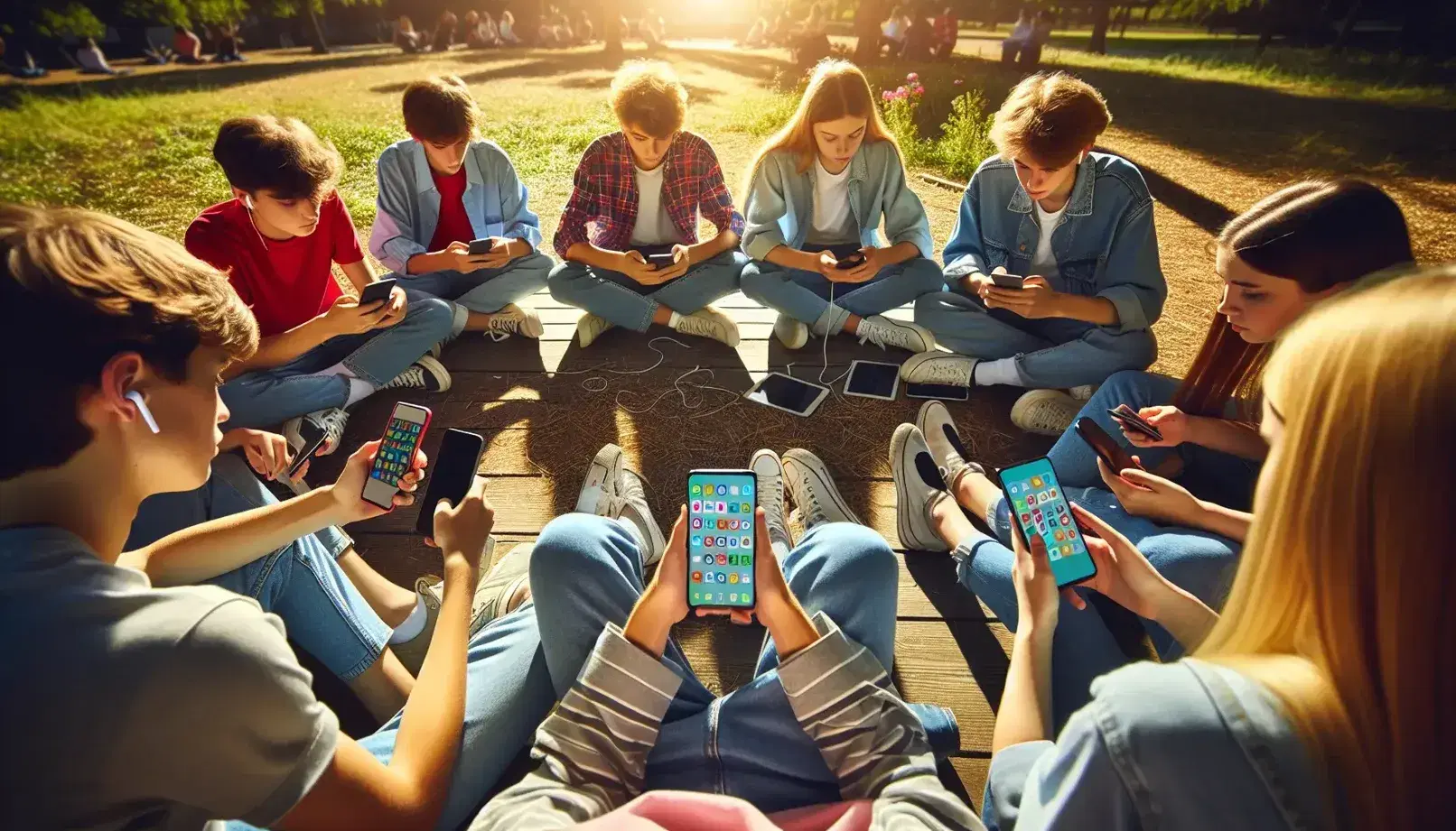 Grupo de adolescentes sentados en círculo en un parque, concentrados en sus móviles y tabletas, con árboles y flores al fondo en un día soleado.