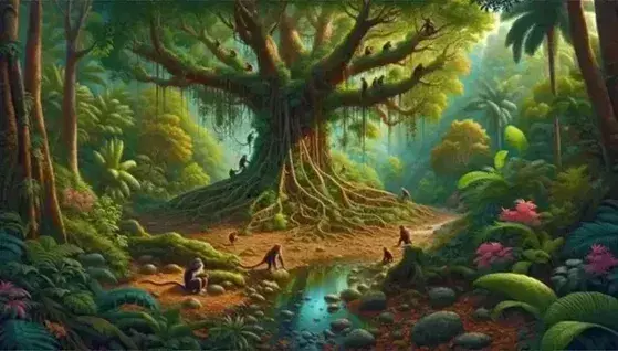 Foresta tropicale umida con albero maestoso, ruscello, scimmie tra i rami e farfalle colorate su sottobosco variegato.