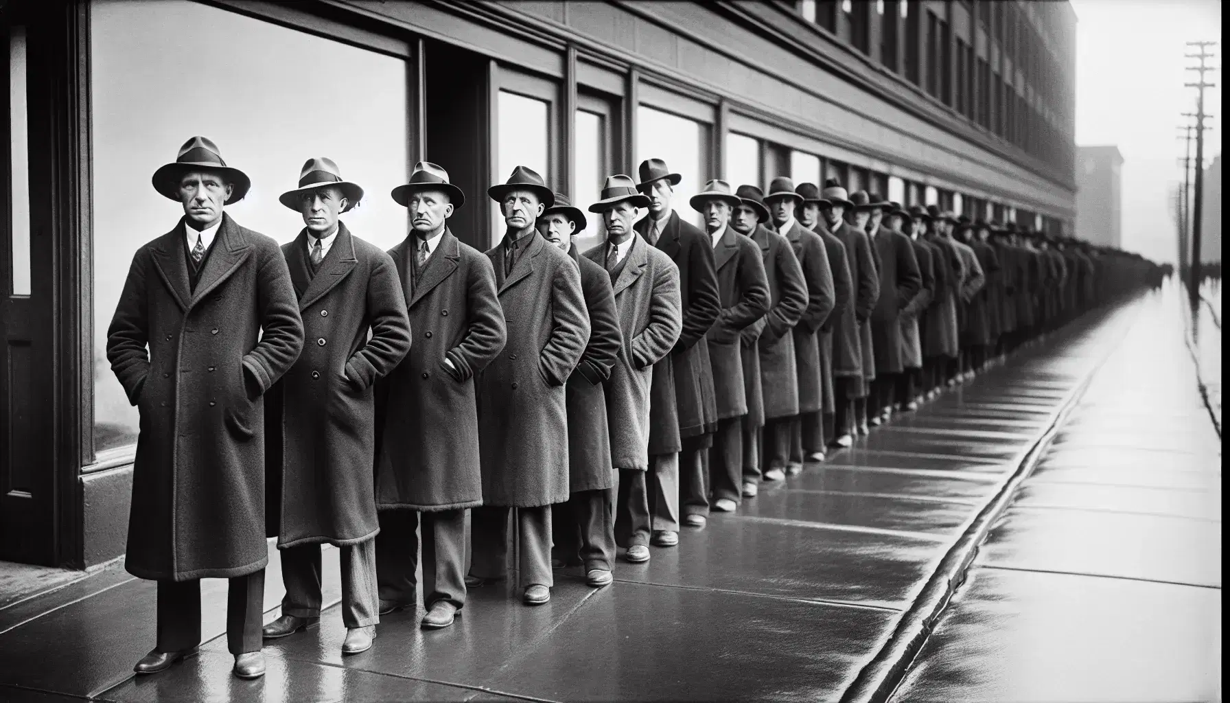 Uomini in fila durante la Grande Depressione, con cappelli a tesa larga e cappotti lunghi, esprimono attesa e preoccupazione su marciapiede.