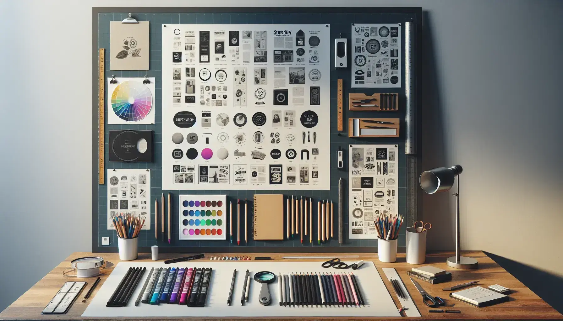 Espacio de trabajo de diseño gráfico con tablero de dibujo, paleta de colores, marcadores, regla metálica, compás, tijeras y lupa, en un entorno ordenado con estantería de libros y planta decorativa.